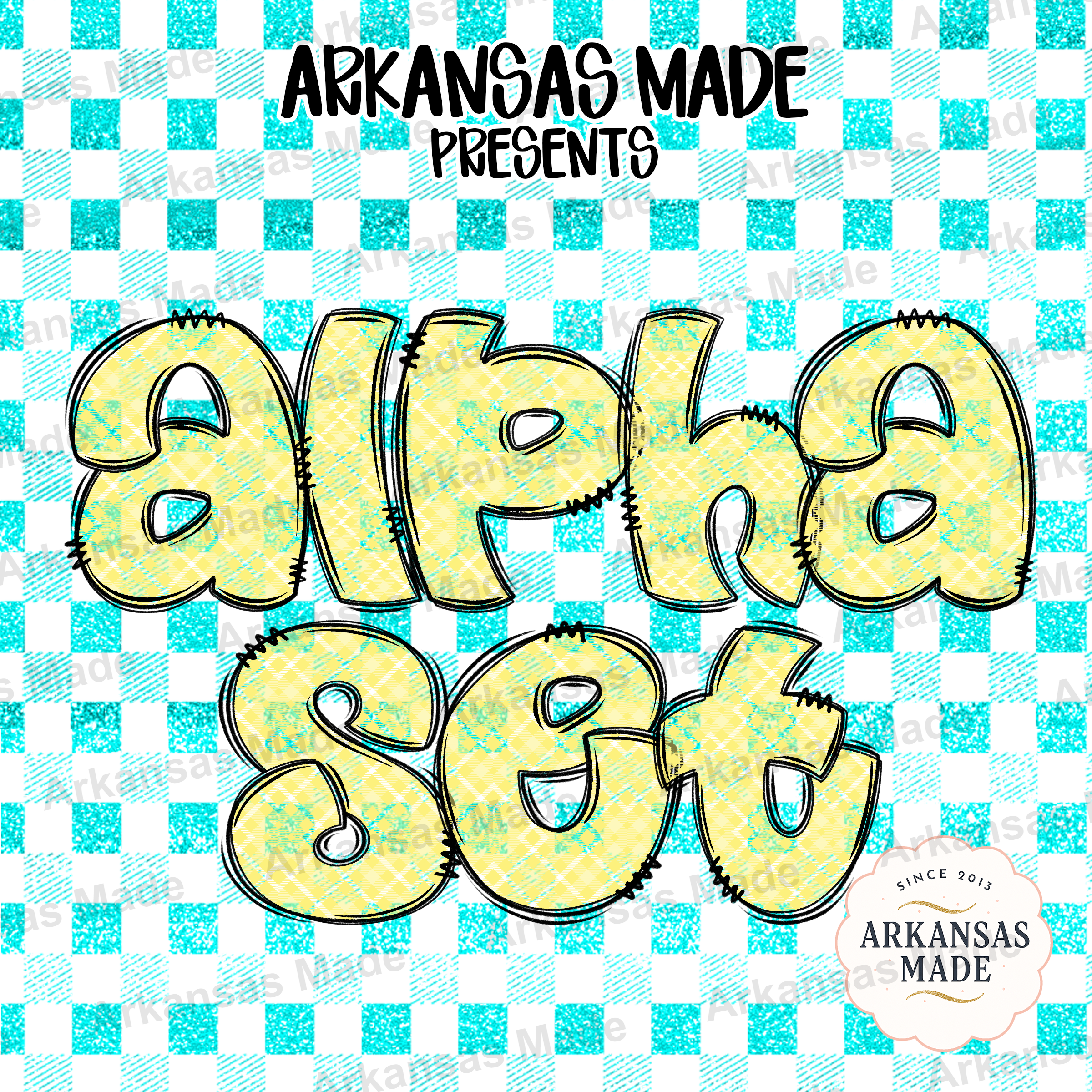 Yellow Plaid Alpha PNG Set | Stitched Gingham Alphabet Letters | Doodle Outline Font for Sublimation & DIY Projects