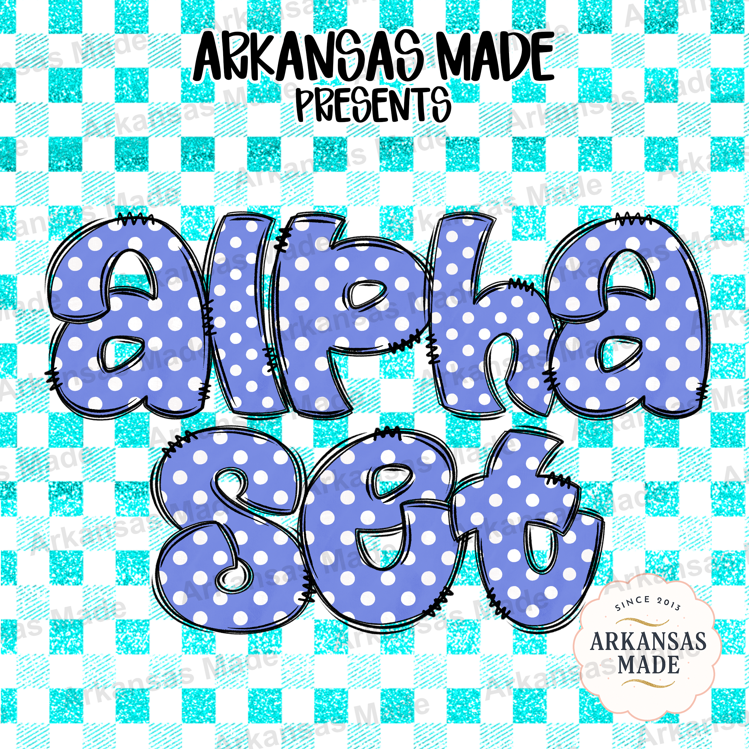 Alpha PNG Set | Polka Dot Letters Doodle Alphabet, Cute Stitched Font Sublimation Design, Periwinkle Digital Download Bundle