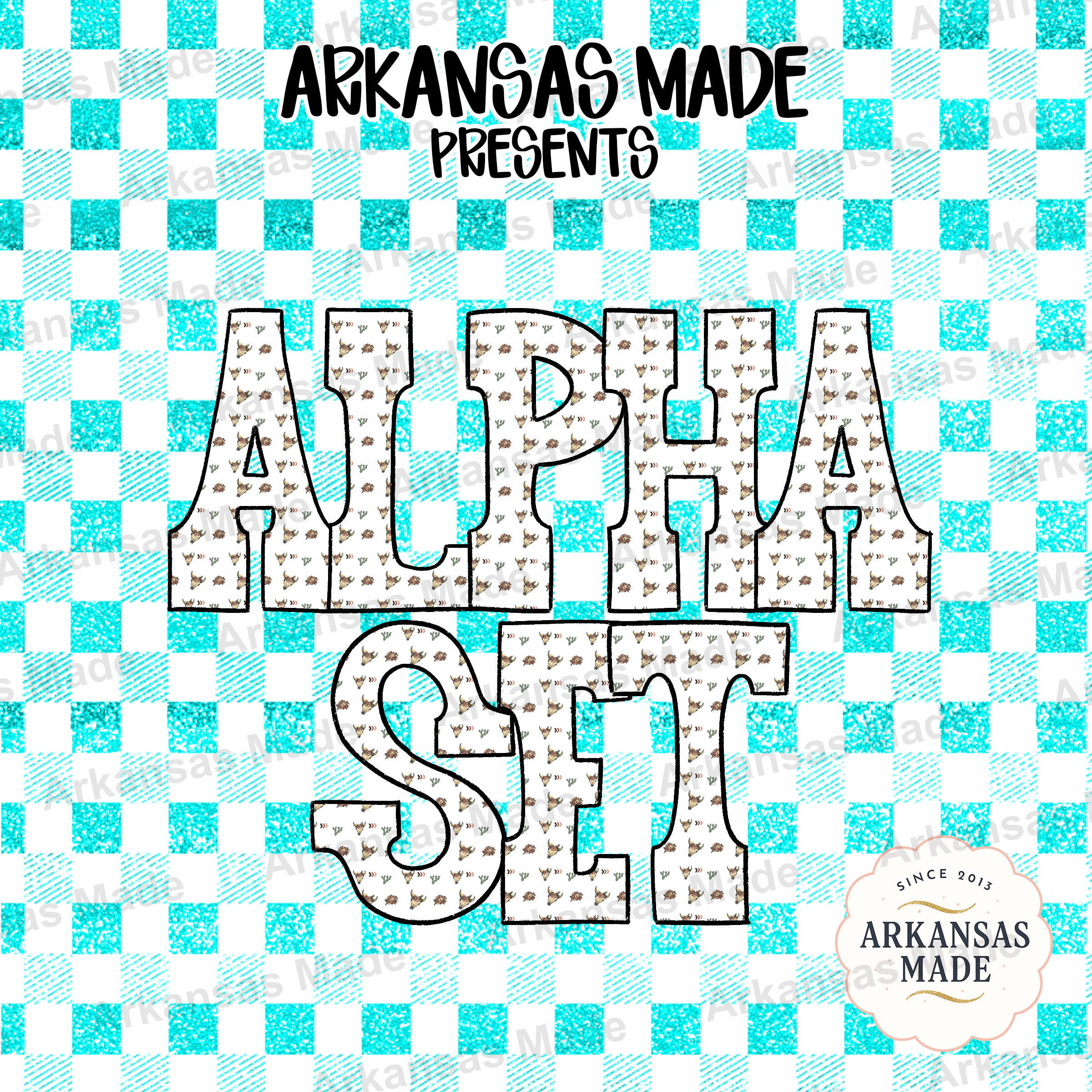 Western Alpha PNG Set | Bull Skull & Cactus Alphabet Letters | Southwestern Digital Font for Sublimation | Cowboy Craft Bundle
