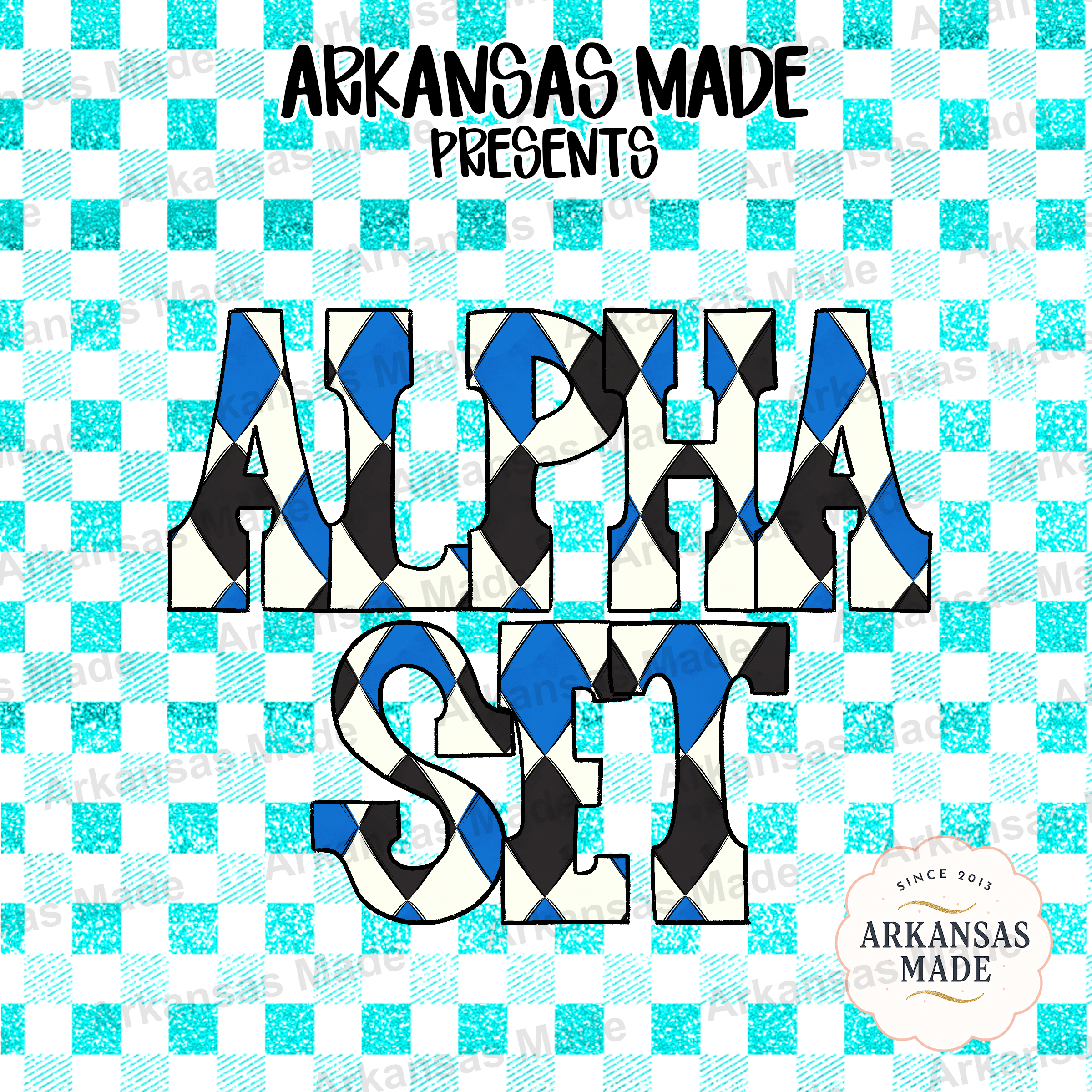 Argyle Blue Black Alpha PNGs Set, Harlequin Letters Font, Digital Download, Preppy Monogram Varsity Letters, Sporty Team Design Crafters