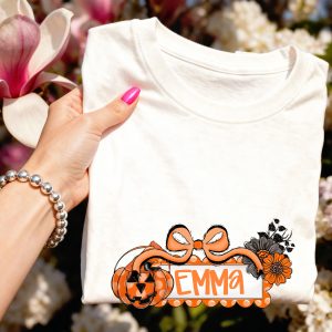Personalized Halloween Name SVG PNG Digital File, Custom Jack O Lantern Bow Daisy Floral Design, Spooky Cute Autumn Trick or Treat
