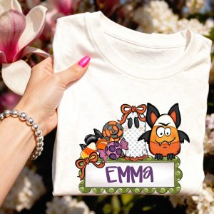Cute Halloween PNG Design, Personalized Name Spooky Ghost Candy Corn Bat, Kids Trick or Treat Fall Digital Download